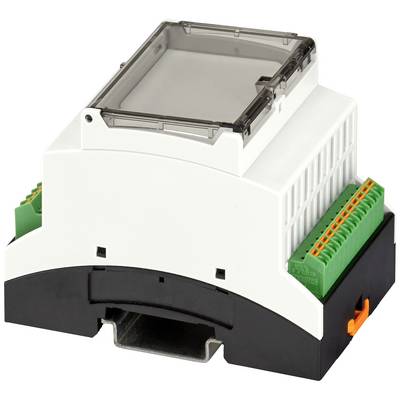 Elektronické zařízení v plastovém pouzdře se zelenými a oranžovými svorkami, pravděpodobně určené pro průmyslové aplikace.
