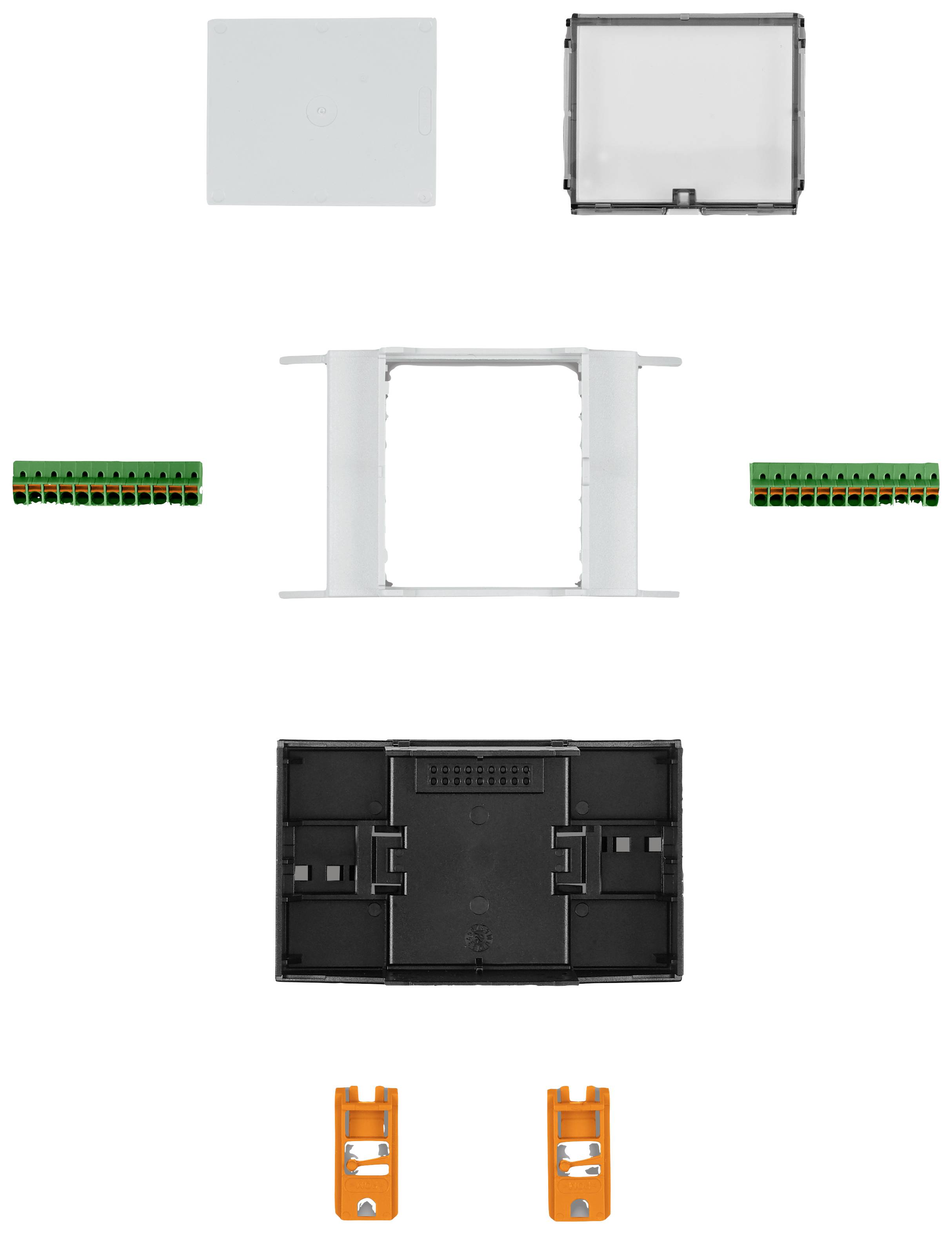 Komponenty elektronického pouzdra: kryt, držák, připojovací svorky, pouzdro a oranžové spony, zobrazené jednotlivě.