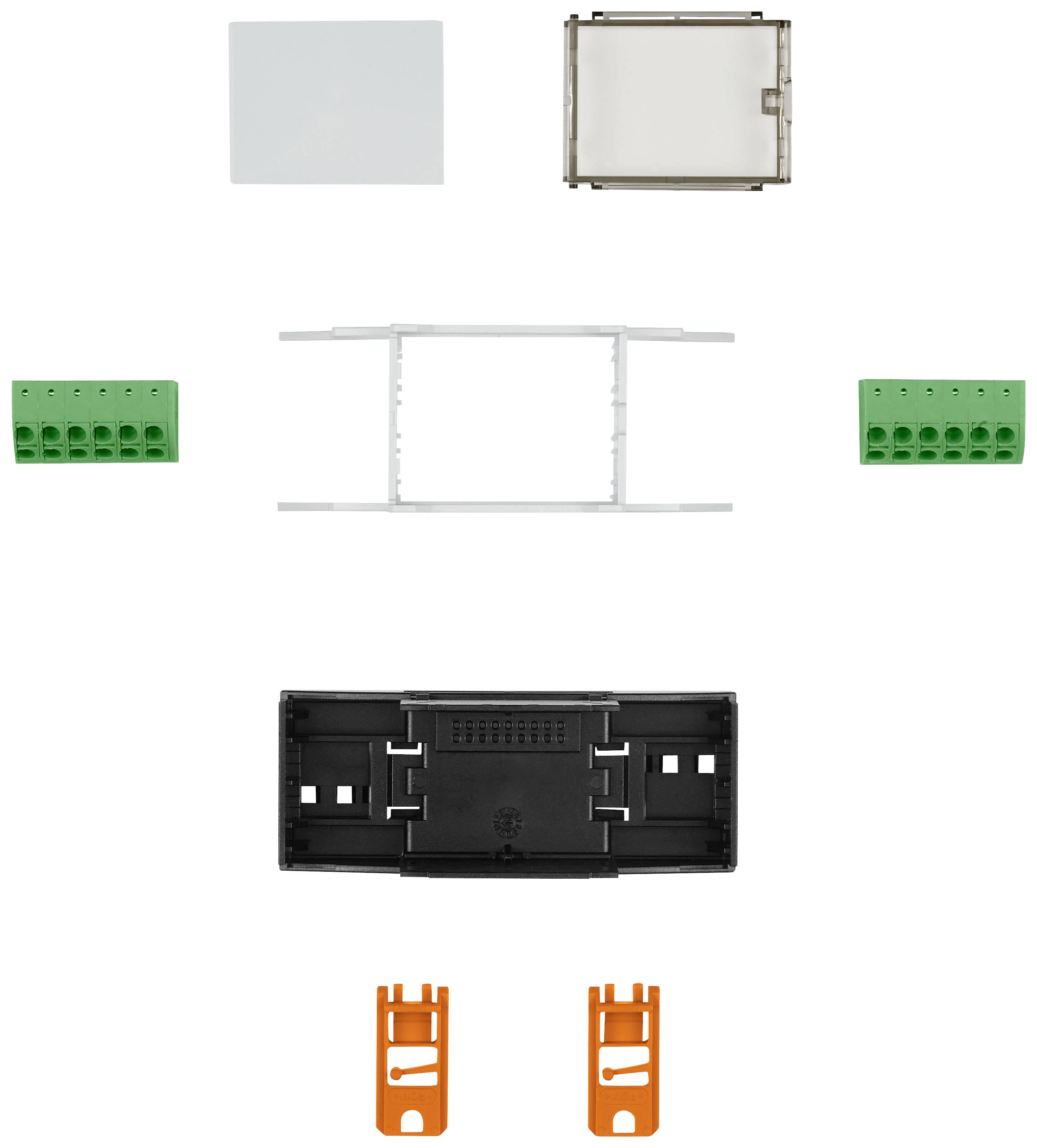 Výkres elektrického spínače v rozloženém pohledu zobrazující pouzdro, kryt, držák, připojovací svorky a další komponenty.