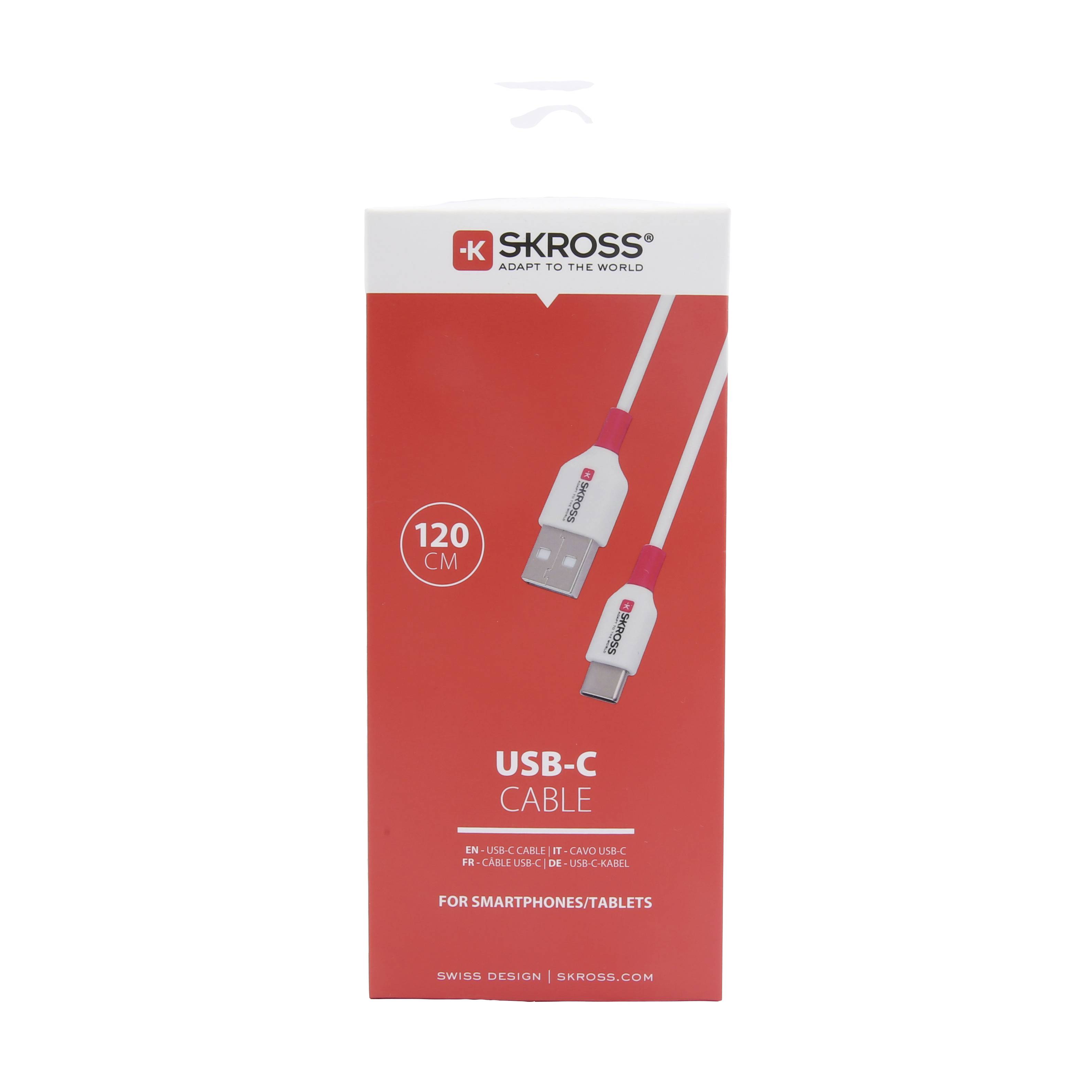 Obrázek zobrazuje červený obal USB-C kabelu značky Skross o délce 120 cm, určeného pro smartphony a tablety.