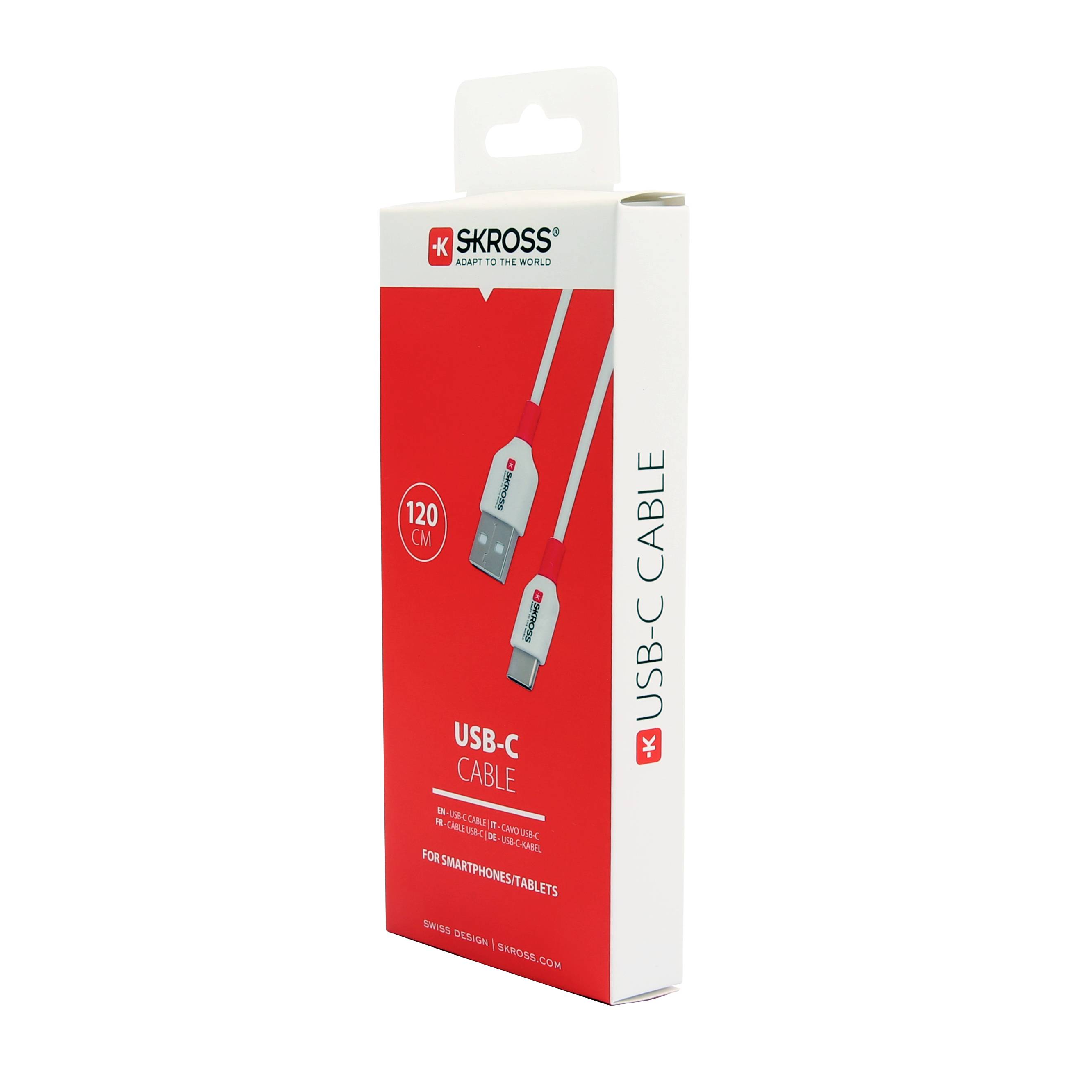 Balení pro USB-C kabel značky Skross, délka 120 cm. Vhodné pro smartphony a tablety. Balení je bílé a červené barvy.