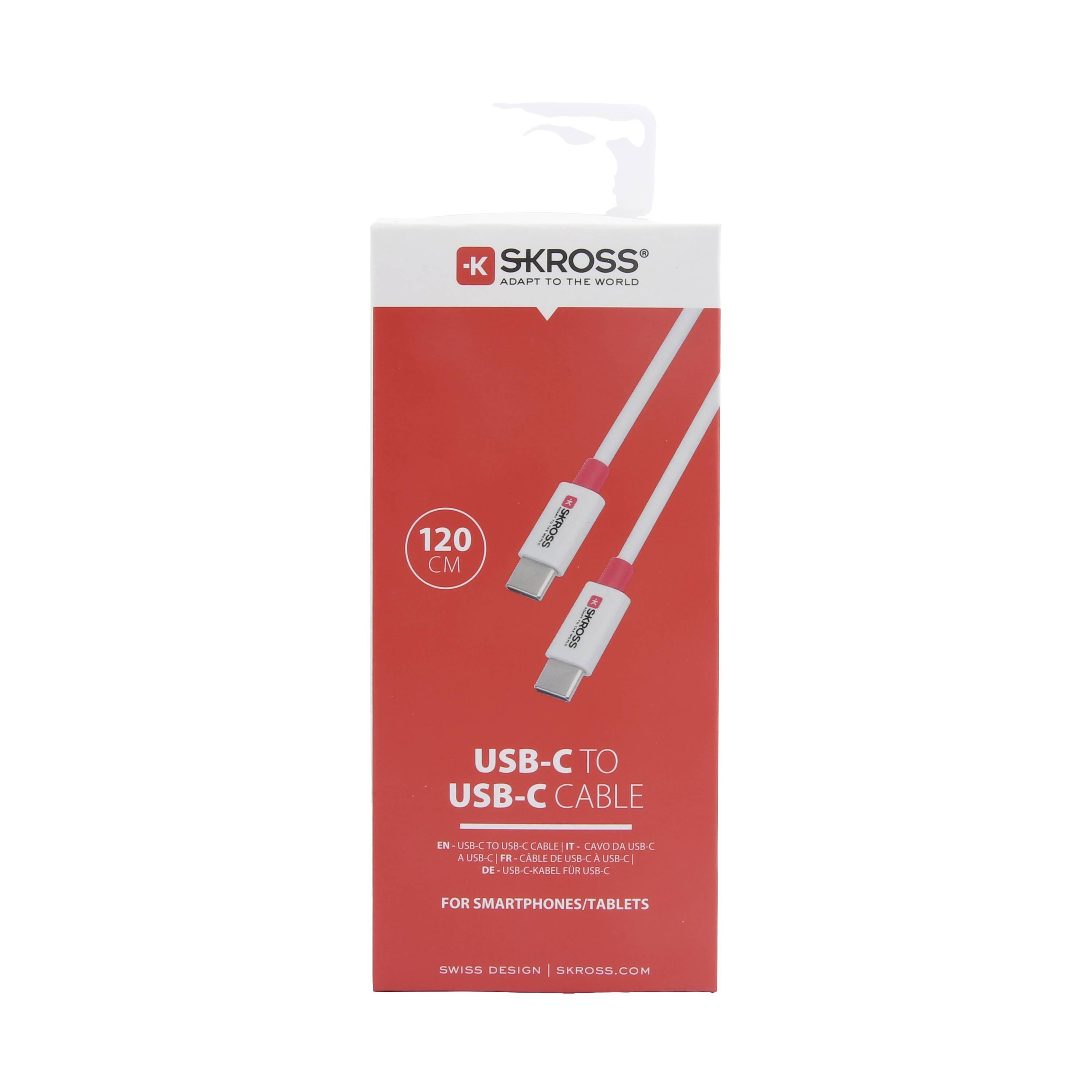 USB-C na USB-C kabel od Skross, 120 cm, červeno-bílý design, vhodný pro smartphony/tablety, švýcarský design.