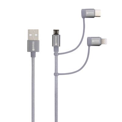 Šedý USB kabel se třemi konektory: USB-A, Micro-USB a dva adaptérové konektory (USB-C a Lightning) pro všestranné použití.