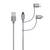Šedý USB kabel se třemi konektory: USB-A, Micro-USB a dva adaptérové konektory (USB-C a Lightning) pro všestranné použití.