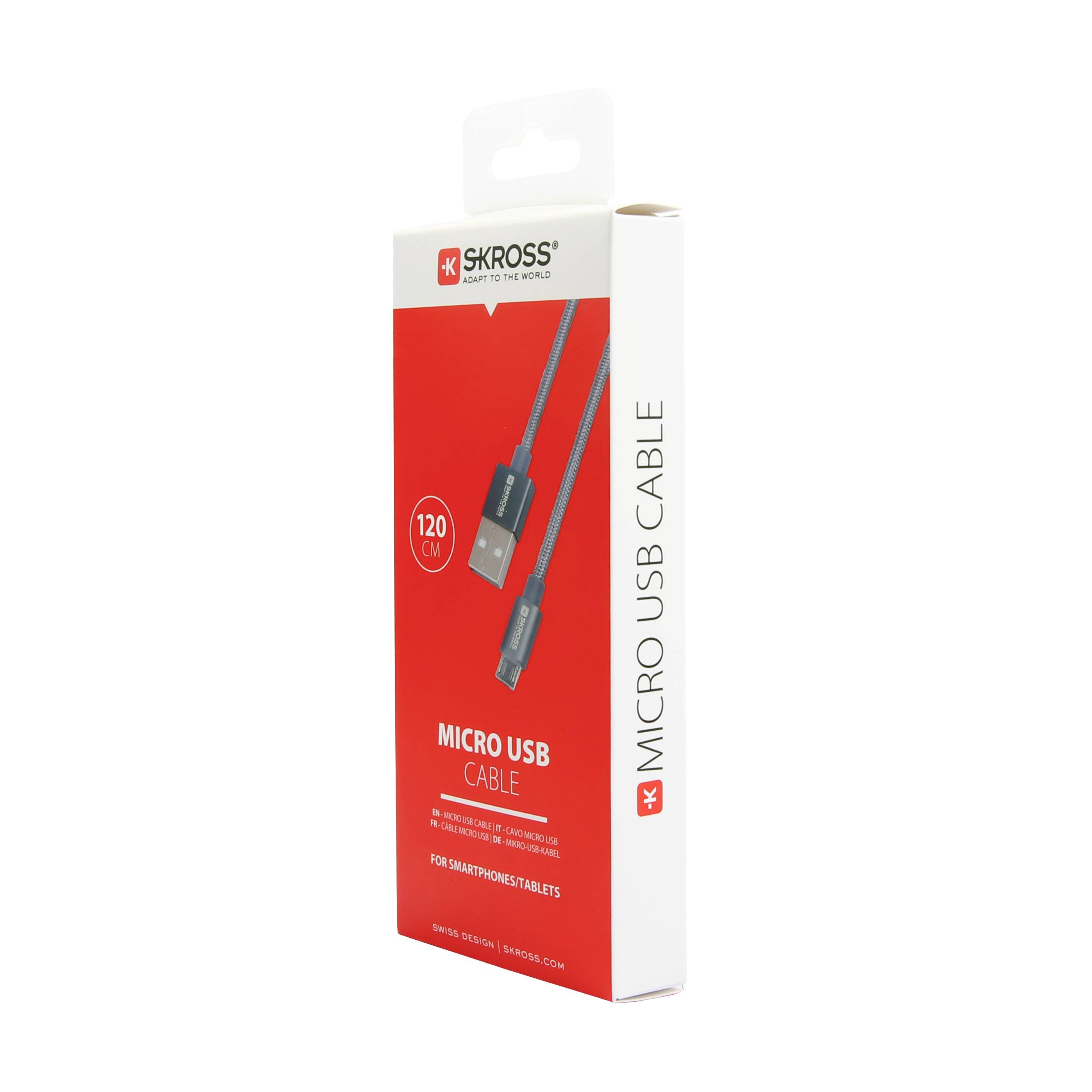 Krabice s Skross micro-USB kabelem, délka 120 cm, pro smartphony/tablety. Balení v červené barvě s bílým nápisem.