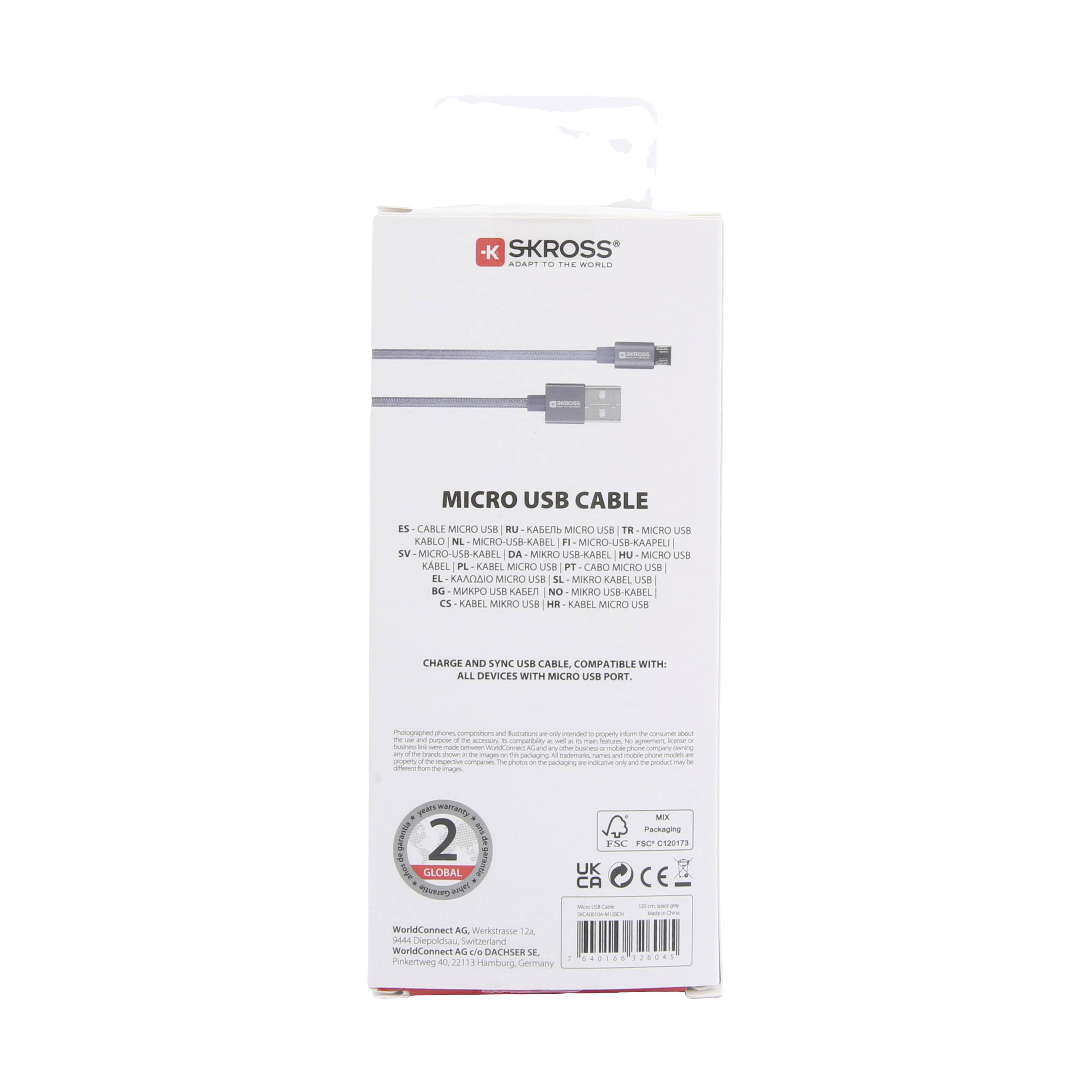 Obal 'Skross Micro USB Kabel', zobrazující USB kabel s micro USB konektorem. Kompatibilní se zařízeními, 2letá záruka.