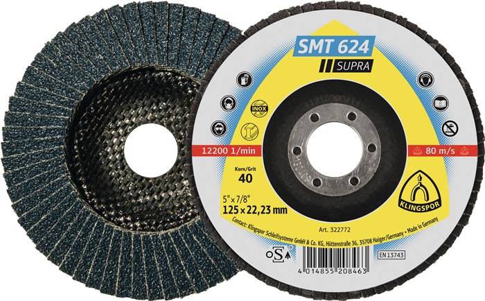 Brusný kotouč, kulatý, s etiketou: 'SMT 624 Supra'. Zrnitost: 40, velikost: 125 x 22,23 mm. Určení: Obrábění kovů.