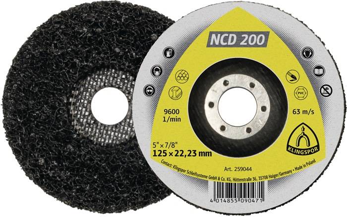 Brusný kotouč se žlutou etiketou, 'NCD 200', 9600 ot./min, rozměr 125 x 22,23 mm. Výrobce: Klingspor Schleifsysteme GmbH & Co. KG.