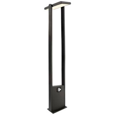 Moderní černá venkovní lampa obdélníkového tvaru stojí vzpřímeně. Nahoře je umístěno LED svítidlo.