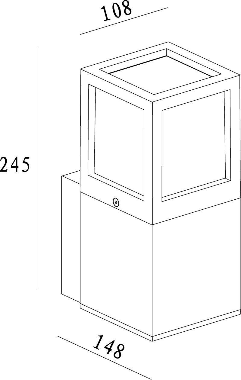 Náčrt obdélníkové krabice s průhlednou horní čtvercovou sekcí. Rozměry: šířka 108, hloubka 148, výška 245.