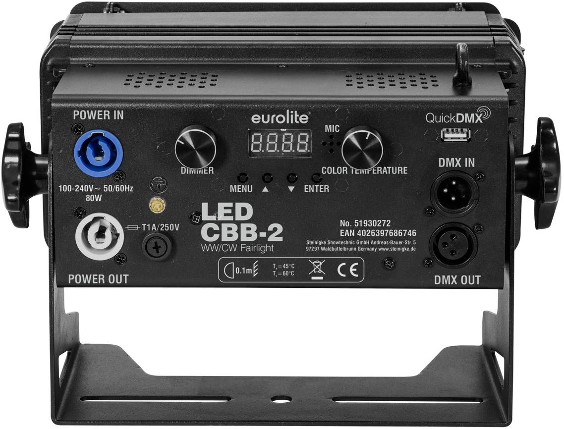'Eurolite LED CBB-2' LED řídící jednotka s menu displejem, napájecími přípojkami a DMX vstupy a výstupy.