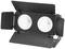 Černý obdélníkový LED reflektor se dvěma kulatými čočkami a nastavitelnými clonkami pro řízení světelného toku.