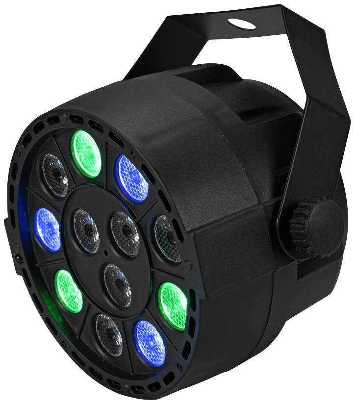 LED světelný efektový přístroj s kulatým tělem, několika čočkami a barevnými LED světly v modré, zelené a bílé barvě; vhodný pro jevištní osvětlení.