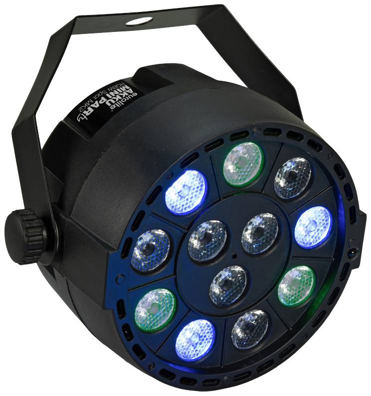 Černý, kulatý LED reflektor s devíti čočkami uspořádanými do kruhu, který střídavě zobrazuje modré a zelené světelné efekty.