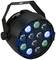Černý, kulatý LED reflektor s devíti čočkami uspořádanými do kruhu, který střídavě zobrazuje modré a zelené světelné efekty.