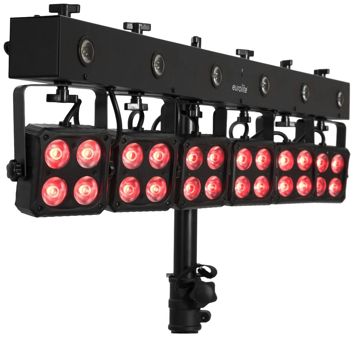 LED světelná lišta s několika červenými reflektory v černém pouzdře, vhodná pro jevištní nebo event osvětlení.