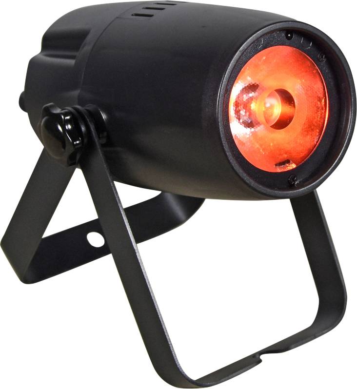 Černý LED reflektor vyzařující červené světlo. Vhodný pro osvětlení pódia nebo dekoraci.