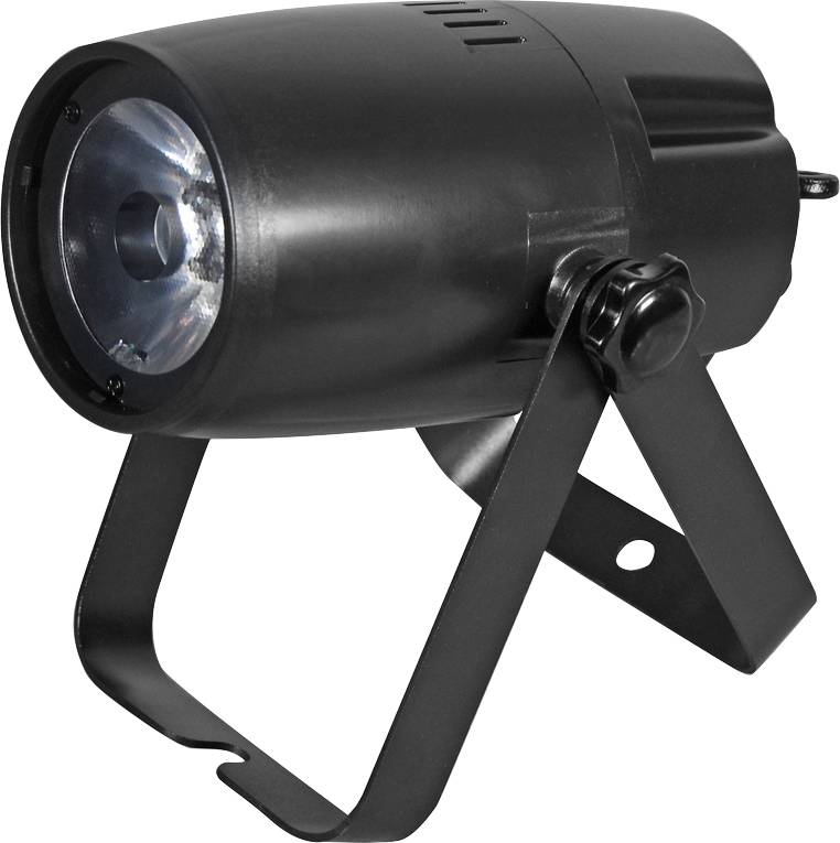 Černý LED-par reflektor s nastavitelným stojanem, vhodný pro jevištní osvětlení nebo events.