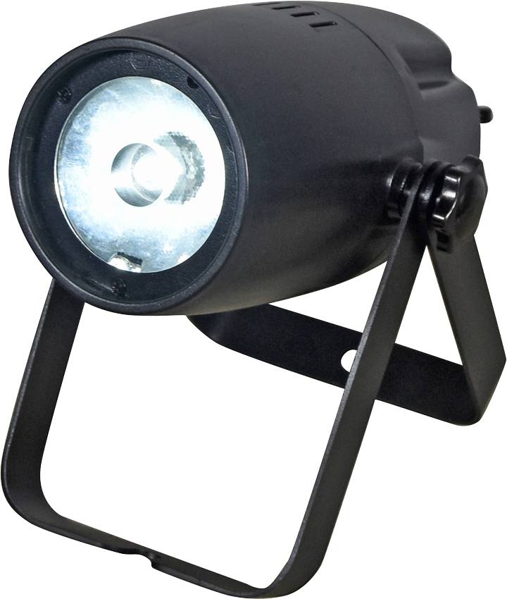 Černý LED reflektor namířený vzhůru, umístěný na nastavitelném stativu, vhodný pro jevištní osvětlení.