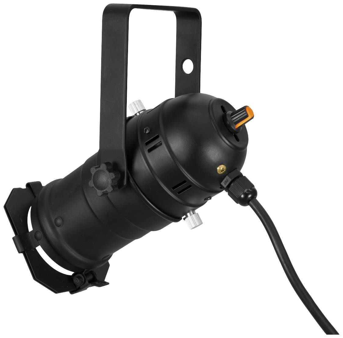 Černý jevištní reflektor s hákem pro zavěšení, napájecím kabelem a nastavovací deskou, často používaný v divadelních nebo event prostorech.