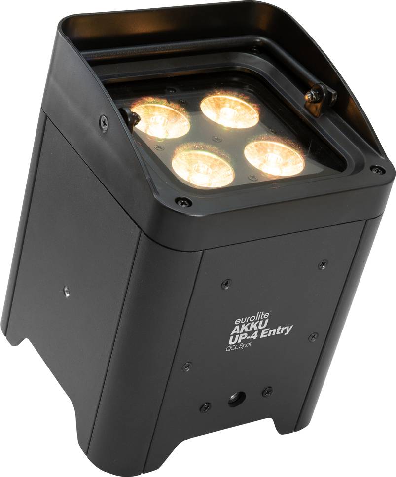 Černošedé, čtvercové LED jeviště světlo se čtyřmi svítícími, teplými bílými LED diodami, označené štítkem 'eurolite AKKU UP-4 Entry'.