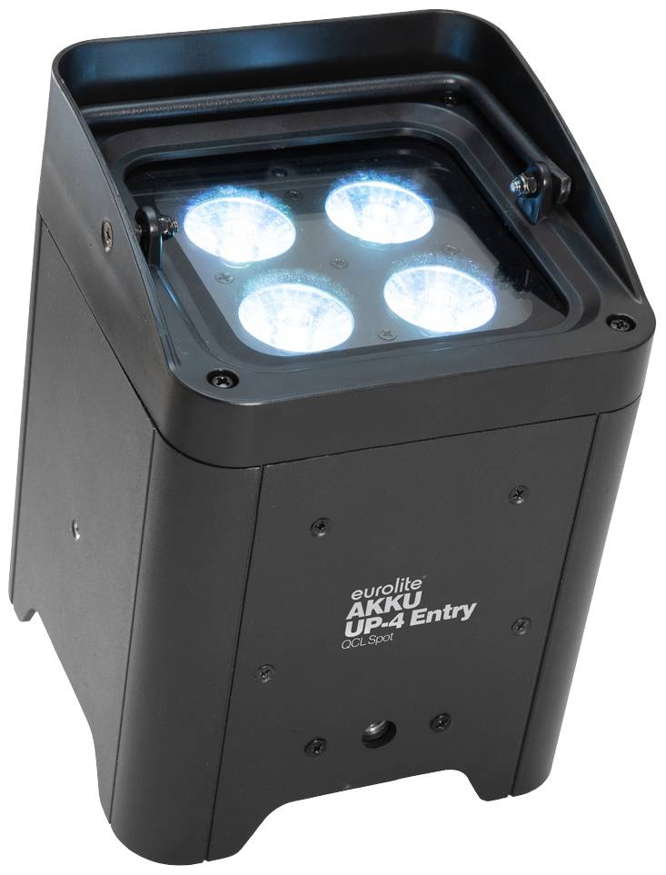 Černý LED reflektor se čtyřmi modrými světly. Model 'eurolite AKKU UP-4 Entry'.