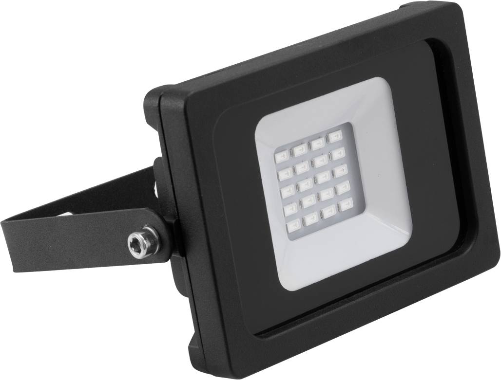 Černý LED reflektor se 16 svítícími diodami, připevněný na nastavitelném kovovém rameni, vhodný pro venkovní osvětlení.