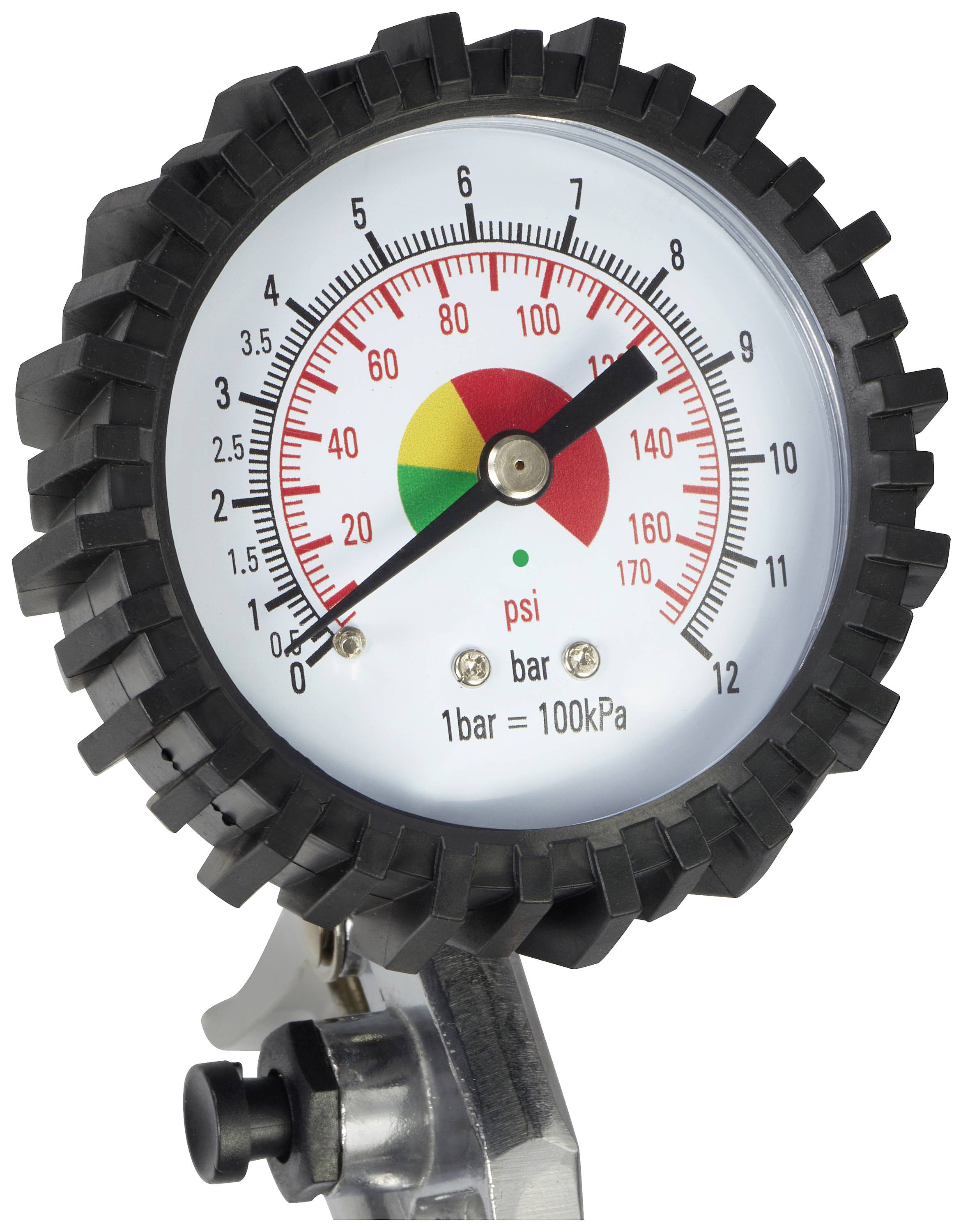 Tlakoměr ukazuje tlak mezi 100 a 120 psi, s barevnými značkami indikujícími rozsah tlaku.
