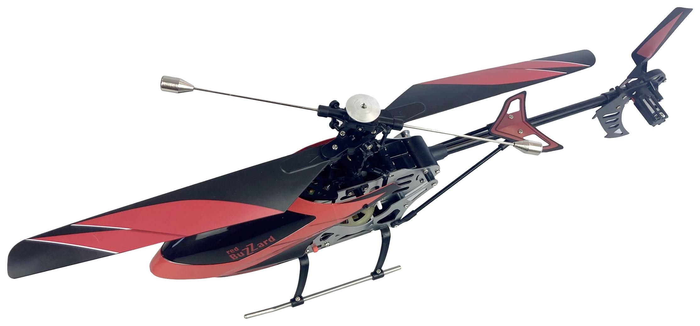 Hračkářská helikoptéra v černé a červené barvě s hlavním a ocasním rotorem.