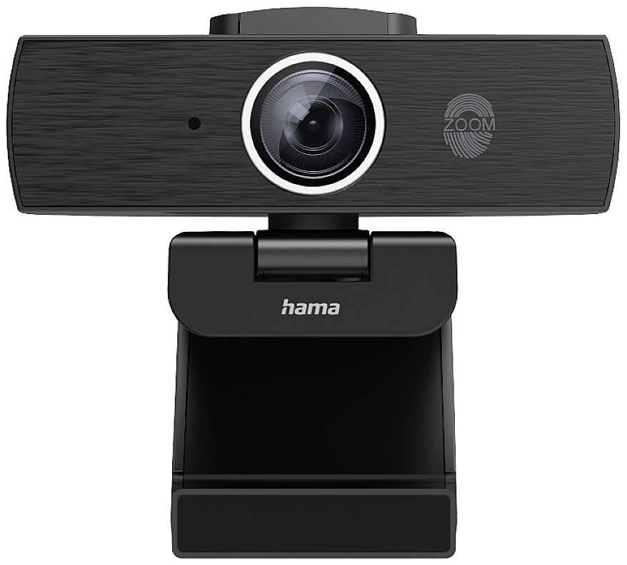 Černá webová kamera na nastavitelném stojanu, vhodná pro videohovory přes Zoom.