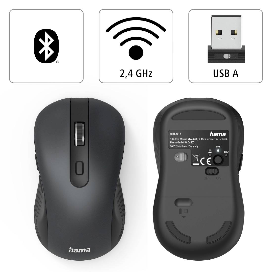 Bezdrátová myš od Hama. Možnost připojení přes Bluetooth a 2,4 GHz. Součástí balení USB-A přijímač. Zobrazena přední a zadní strana myši.