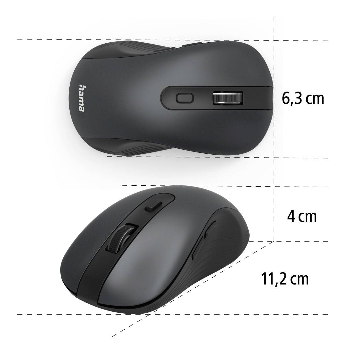 Bezdrátová optická myš Hama v černé barvě. Pohled shora se scrollovacím kolečkem, boční pohled zespodu. Rozměry: 6,3 cm, 4 cm, 11,2 cm.