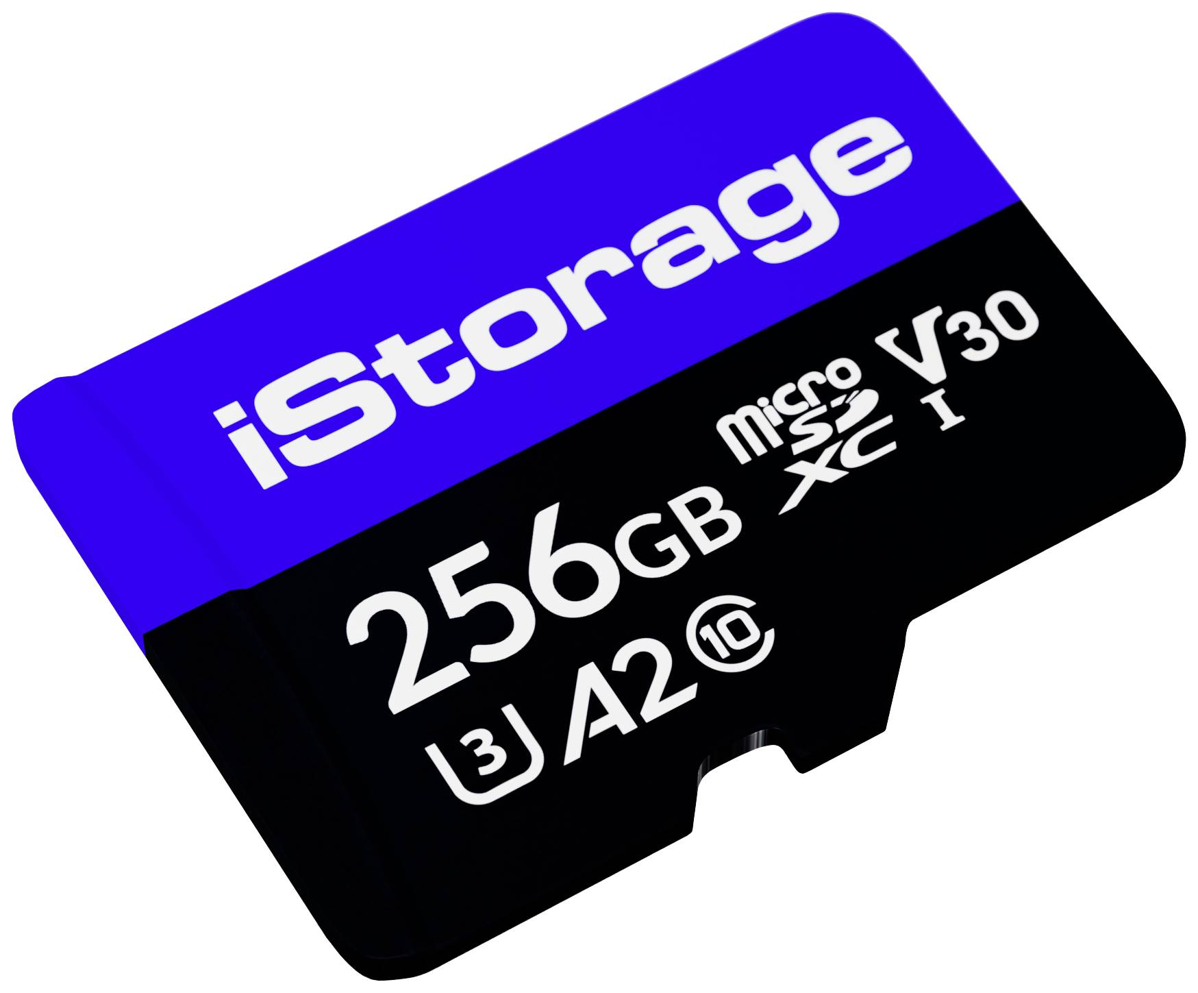 Paměťová karta iStorage s kapacitou 256 GB, rychlostními parametry U3, V30, A2, vhodná pro vysoce kvalitní videonahrávky.