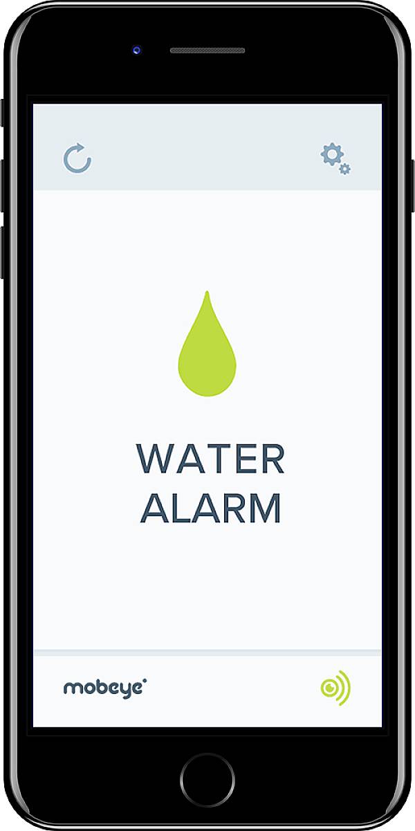 Obrazovka smartphonu zobrazuje upozornění 'Vodní alarm' se zelenou kapkou a logy aplikací v dolní části.