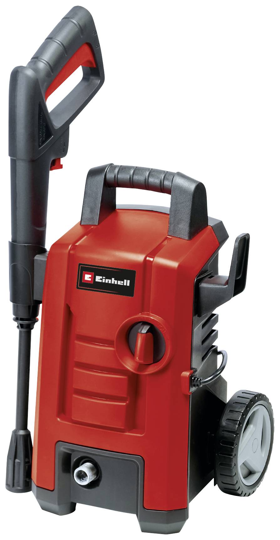 Červený vysokotlaký čistič s kolečky a rukojetí, včetně dlouhé trysky a připojení hadice. Logo značky viditelné na přední straně.