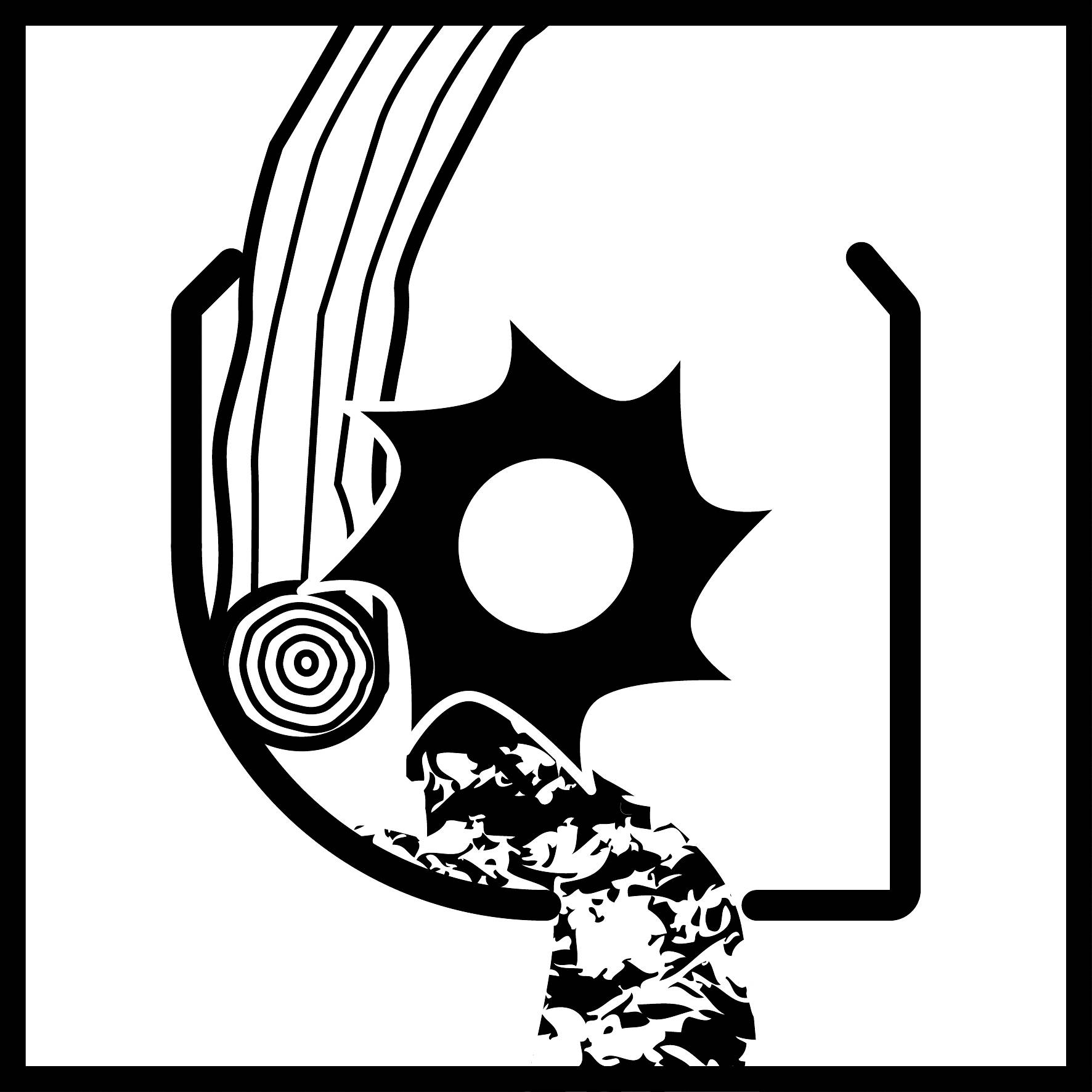 Abstraktní symbol v černobílé. Ozubené kolo a vodopád jsou propojeny geometrickými liniemi.