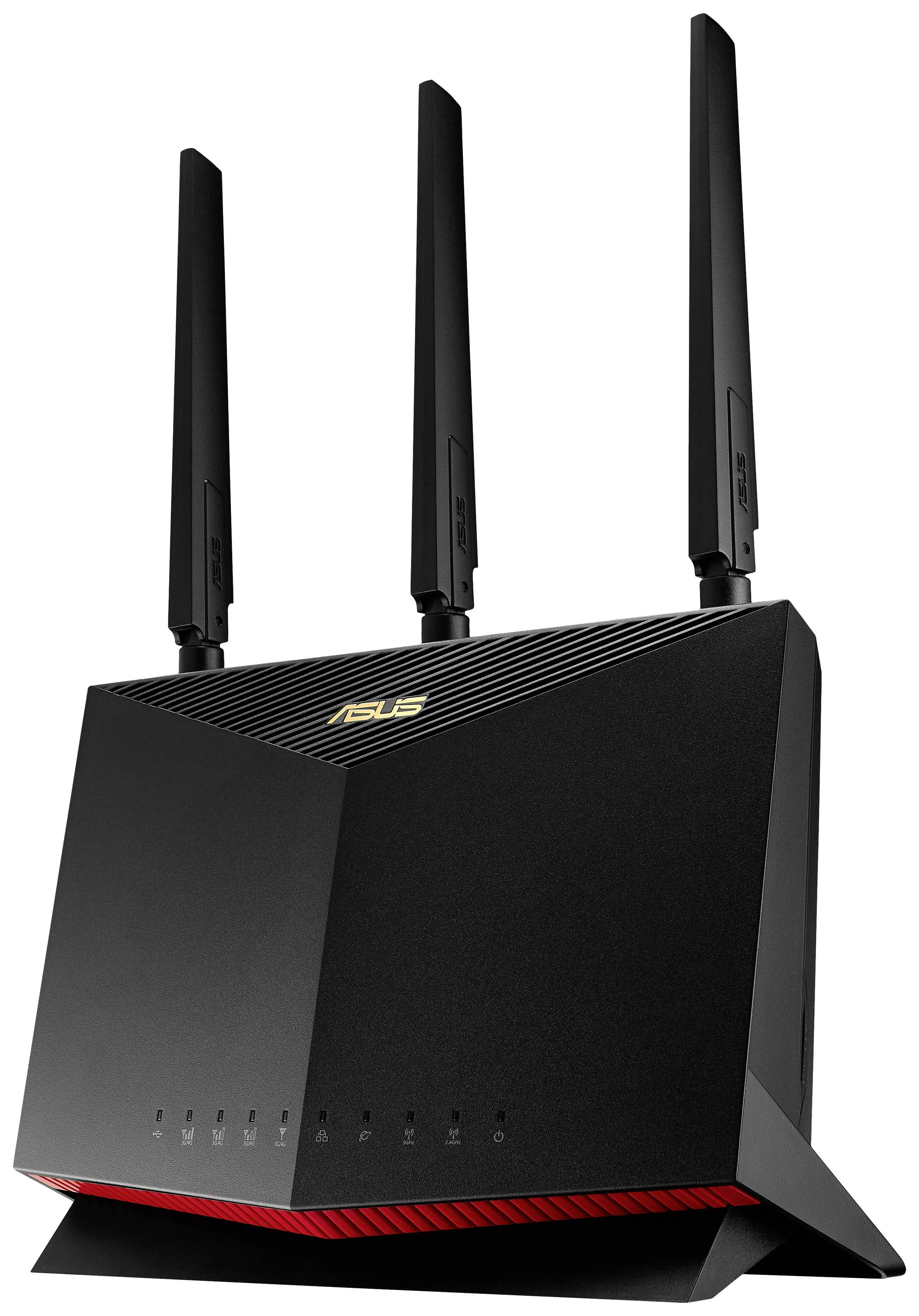 Černý Wi-Fi router ASUS se třemi anténami, stojící ve vzpřímené poloze. Zařízení je vhodné pro rychlé internetové připojení v domácnosti.