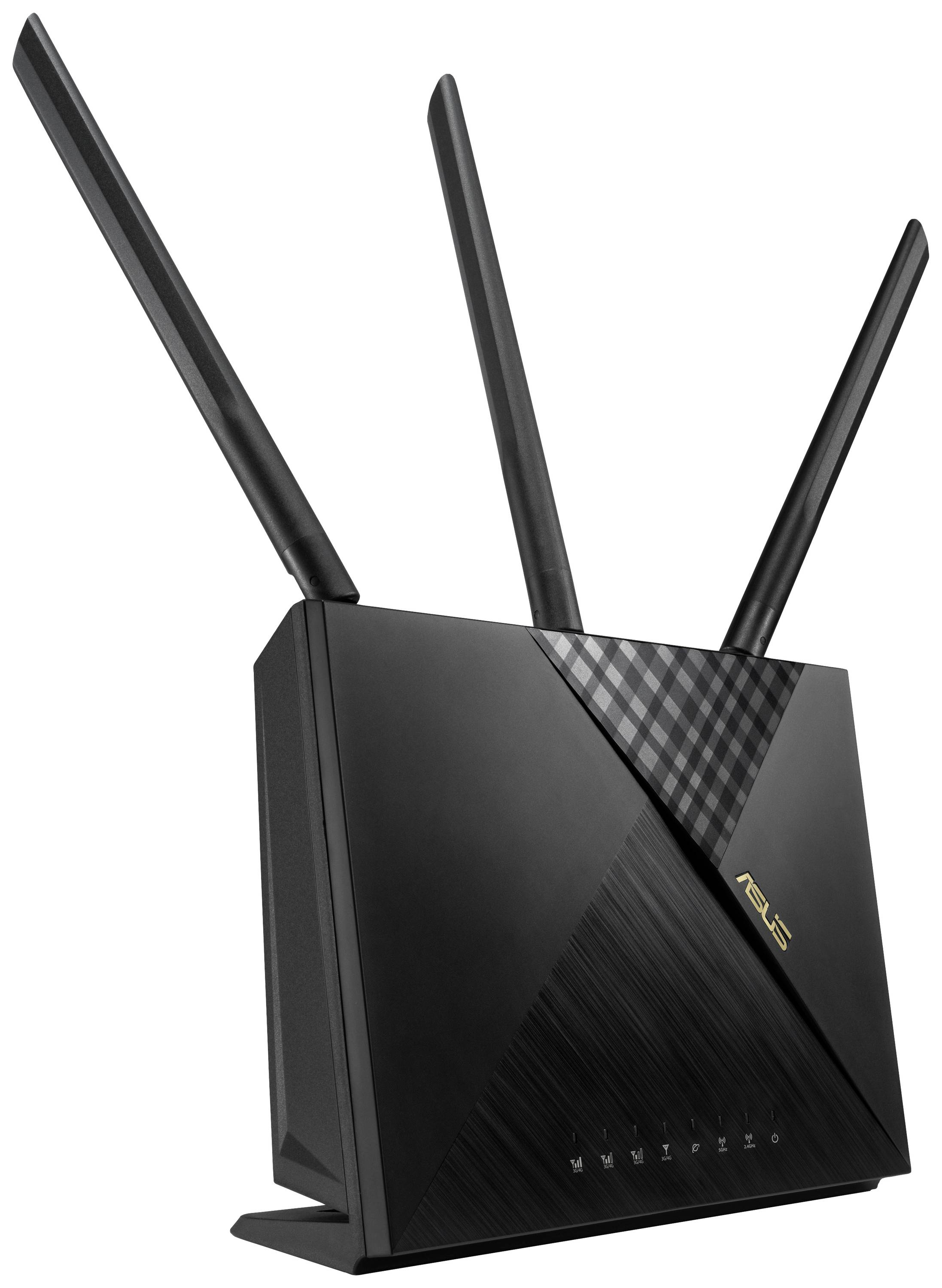 Černý WLAN router se třemi anténami v trojúhelníkovém uspořádání. Vyvinut pro bezdrátové síťové připojení, označený logem výrobce na přední straně.