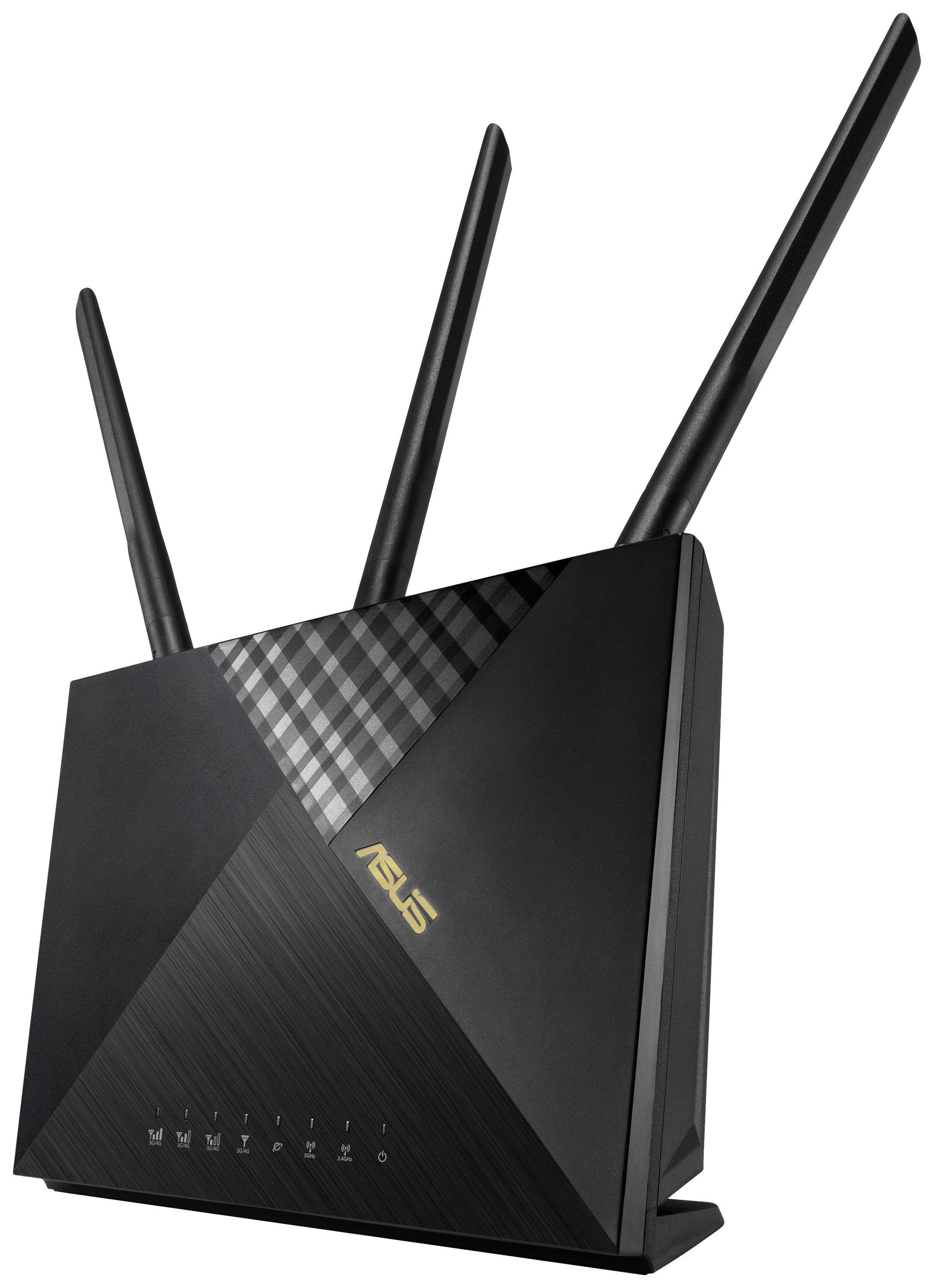 Černý WiFi router se třemi anténami, označený štítkem 'ASUS', stojí vzpřímeně. Na přední straně disponuje několika LED indikátory.