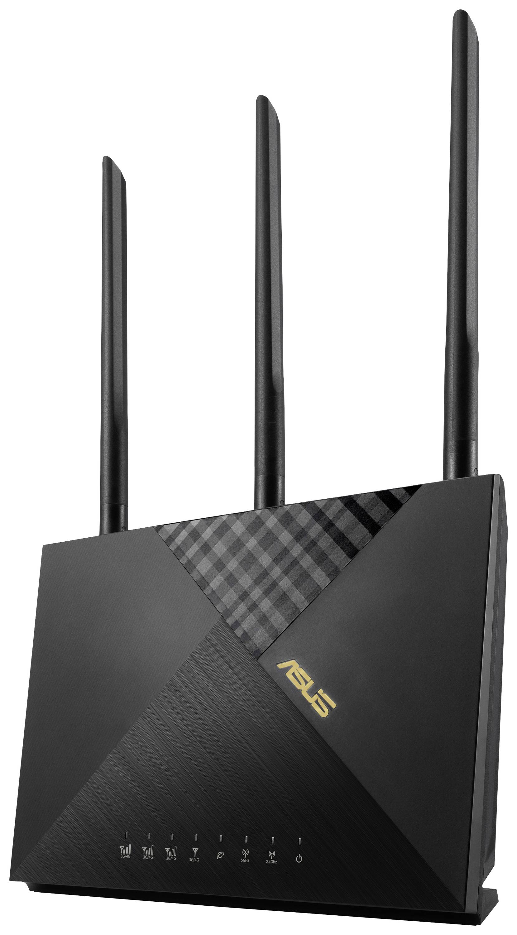 Černý Wi-Fi router se třemi anténami a křížovým vzorem. Značka je vpředu vyznačena zlatou barvou.