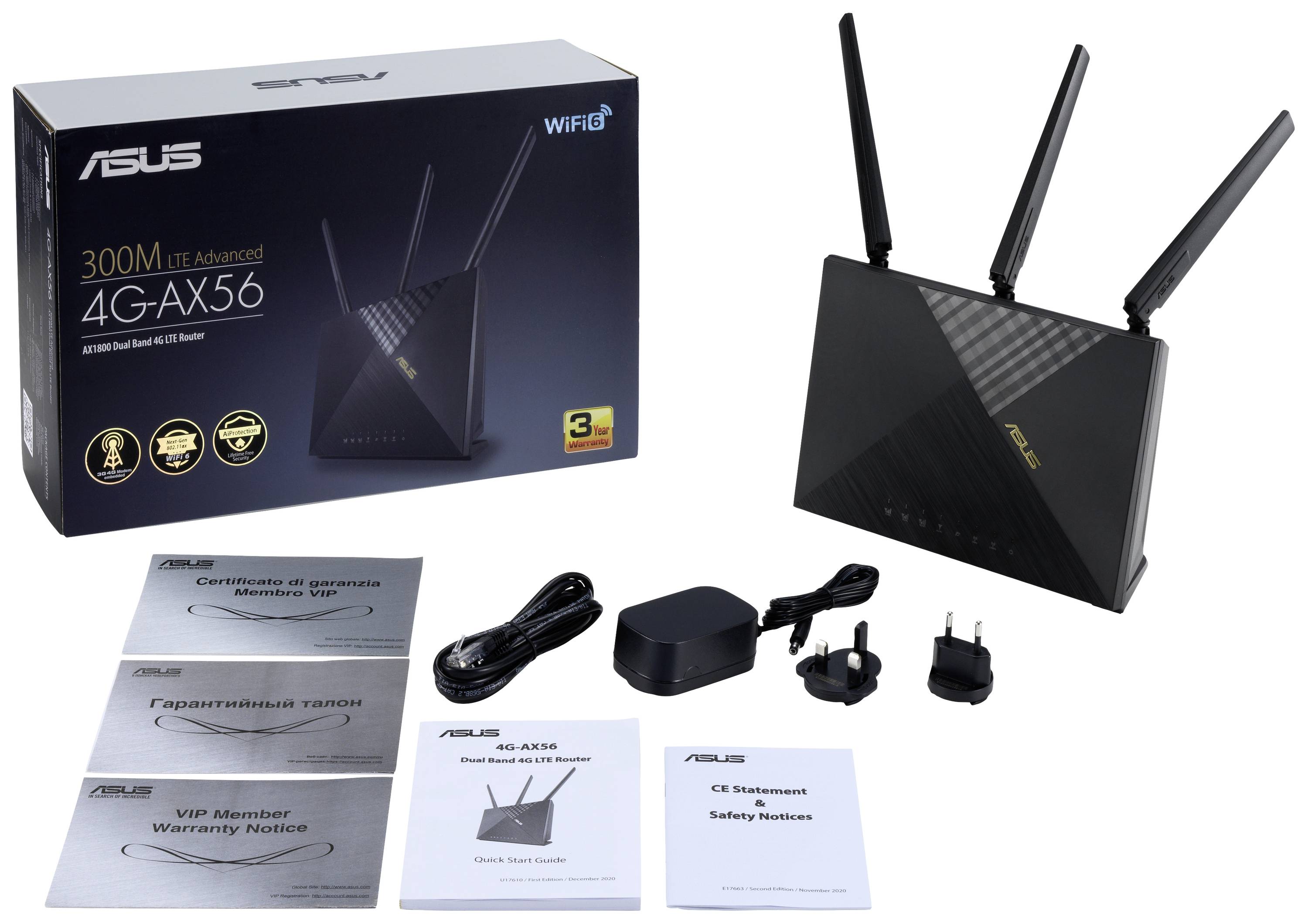 Bezdrátový router ASUS 4G-AX56 se třemi anténami. Včetně napájecího adaptéru, kabelů, záručních a bezpečnostních pokynů. Balení obsahuje obrázek routeru.