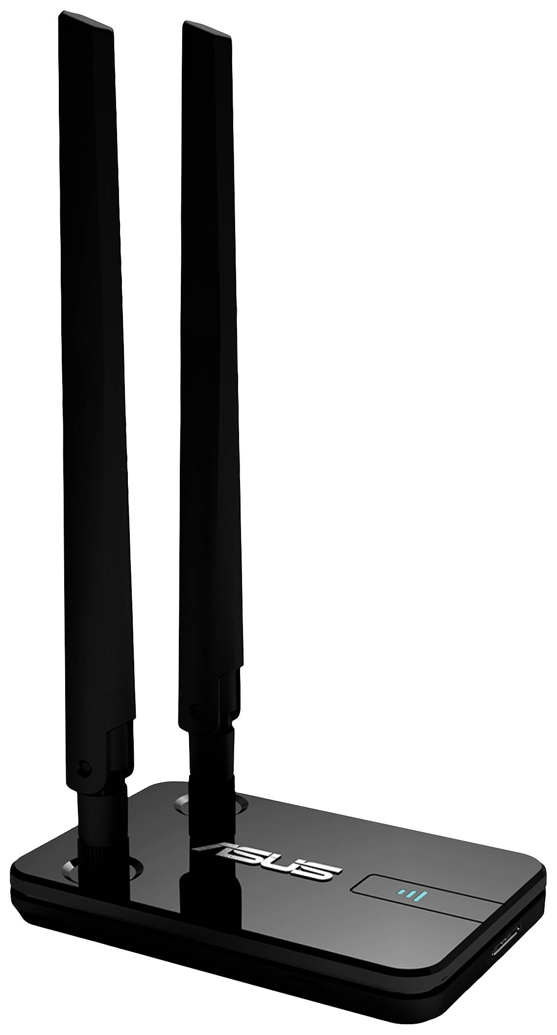 Černý bezdrátový router značky Asus se dvěma vertikálními anténami, vhodný pro rozšíření dosahu bezdrátové sítě.