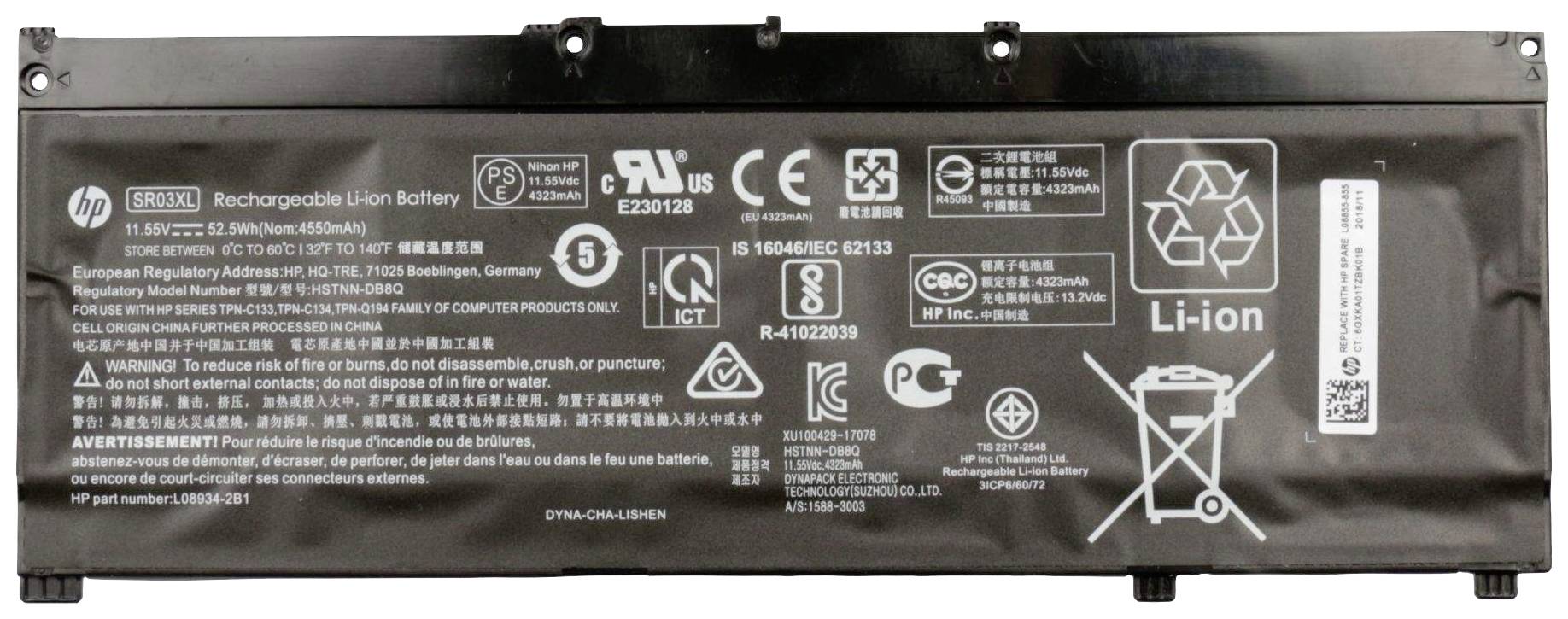 Černý lithium-iontový akumulátor s několika bezpečnostními a výrobními potisky, logy a symboly v bílé barvě.