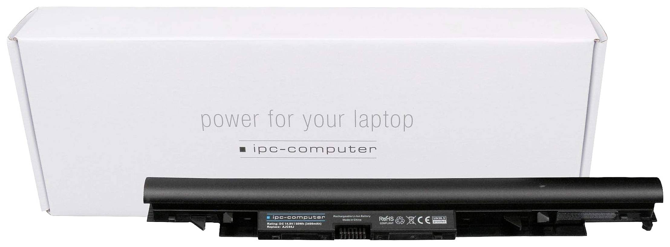 Černá baterie do notebooku před bílým obalem s nápisem 'power for your laptop' a 'ipc-computer'.