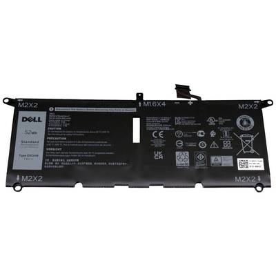 Dell notebook baterie, 52 Wh, typ DXGH8, černá s různými bezpečnostními pokyny a symboly.