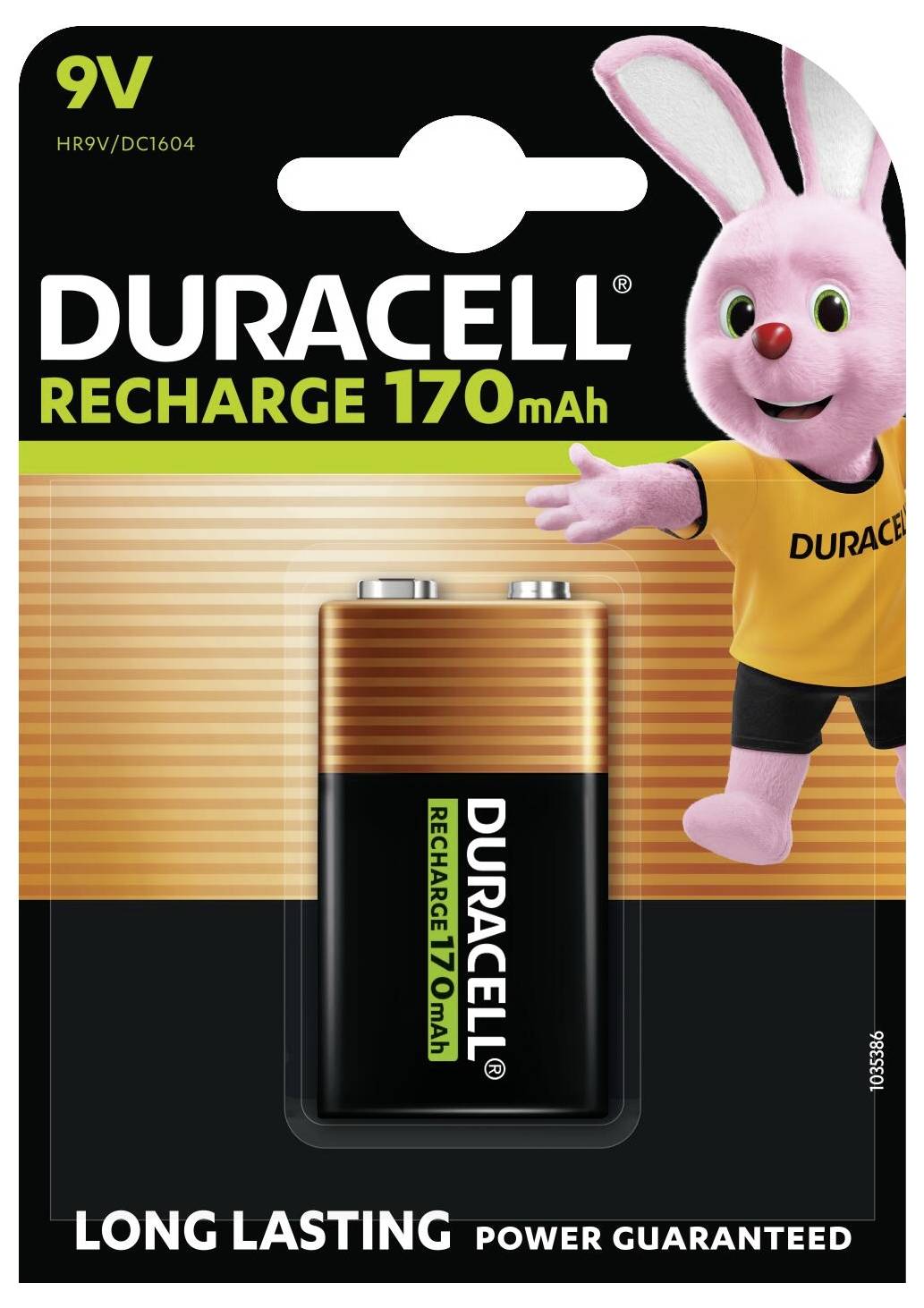 Balení baterie Duracell Recharge 170mAh 9V s kresllenou růžovou králičí maskotou v pravém horním rohu a textem "DLOUHÁ VÝDRŽ ZARUČENA".