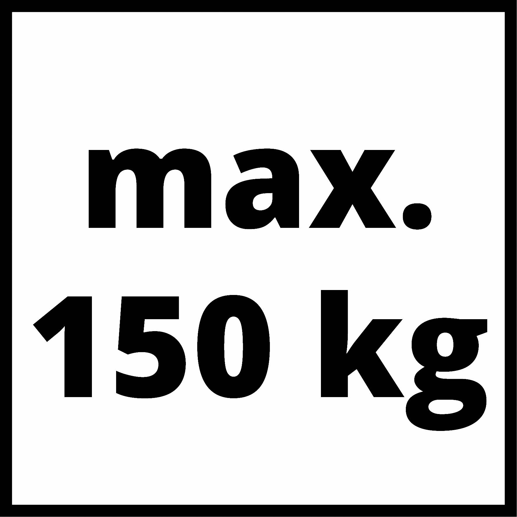 Hmotnostní omezení max. 150 kg; bílé pozadí s černým textem.