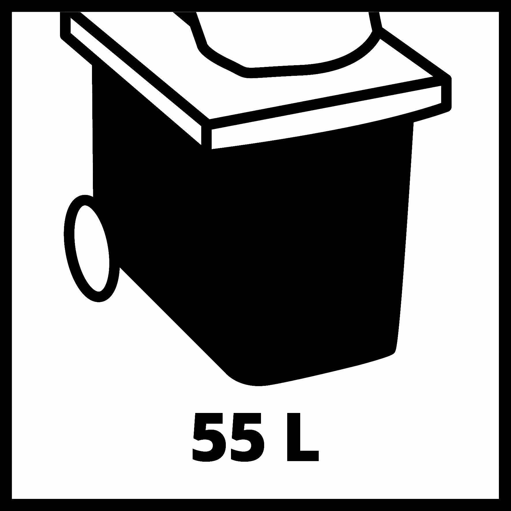 Černý symbol kontejneru na odpad se dvěma koly, pod ním nápis '55 L' označující objem.