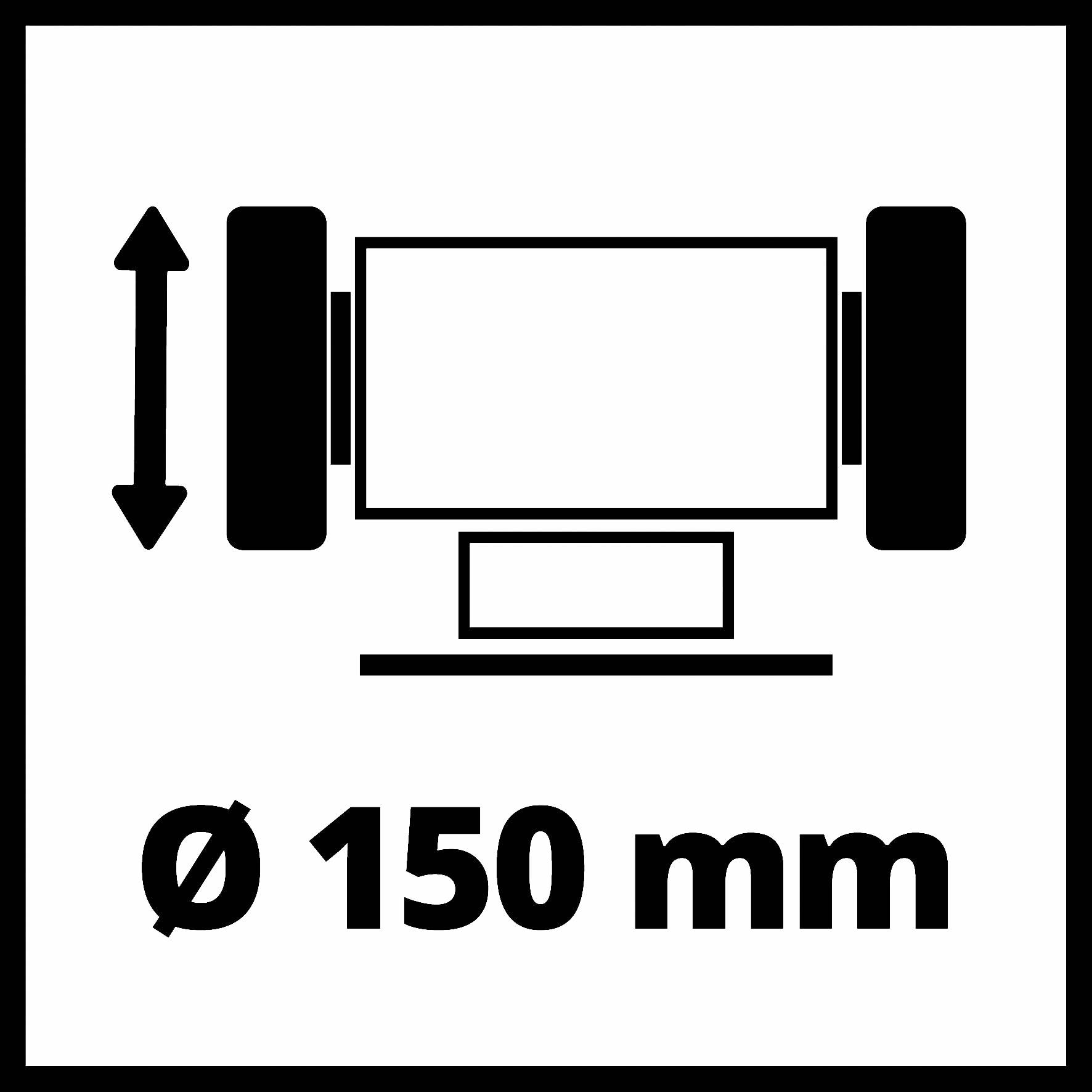 Symbol pro brusný kotouč se šipkou indikující průměr. Text 'Ø 150 mm' udává průměr.