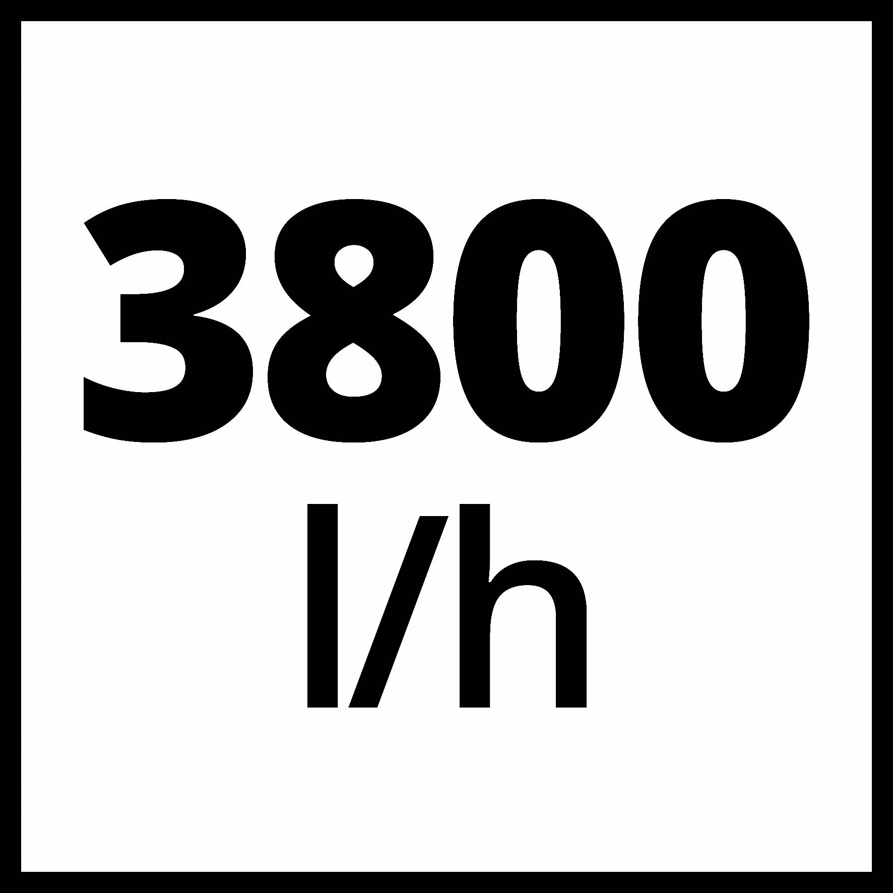 3800 l/h, znázornění průtokové rychlosti v litrech za hodinu.